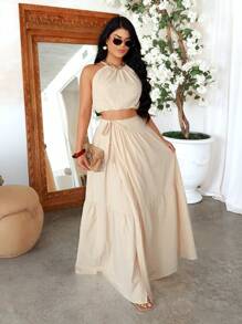 SHEIN SXY 性感露背背心和假期大摆伞裙套裝 - 杏色 - 查看 6