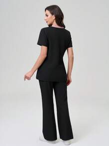 TaskEZ Colorful Spring And Summer Fashion Casual Multi-Functional Multi-Pocket Comfortable Women's Scrub Uniforms, Suitable For Hospitals, Clinics And Pet Hospitals,Short Sleeve Scrub Uniform Set - T-Shirt & Pants, Minimalist Fashion Casual Everyday Wear,Easter Women's Scrub Uniform - Black - View 2