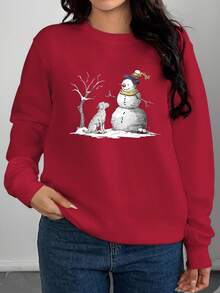 SHEIN LUNE 大码女式圣诞小狗和雪人图案印花宽松休闲圆领落肩运动衫，春/秋 - 紅色 - 查看 3