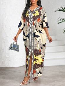 SHEIN Lady Women Floral Print V-Neck Short Sleeve Straight Casual Dress For Holiday Women Dresses Women Clothing Dresses Beach Wear For Women