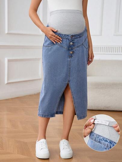 SHEIN Maternity Casual Denim A-Line Skirt, Simple And Fashionable For Everyday Wear