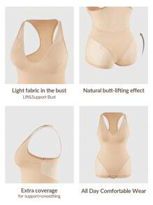 SHAPORA Plus Size Shaping Plunge Deep-V Shapewear Brief Bodysuit Body Shaper Butt Lifter -Tummy Waist Thigh Control - Apricot - View 6