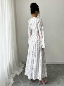 Yasmyna Vestido de verano modesto con estampado, de manga larga, cuello de volantes con lazo, estilo árabe, para mujer