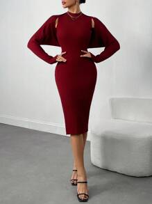 2pcs Set Elegant Knitted Red Dress With Skirt Fall Cloth For Women - Red - View 5