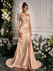 SHEIN Belle Elegant And Gorgeous Champagne Color One-Shoulder See-Through Long-Sleeved Luxury Bead Sequin Embroidered Stitching Stretch Satin High Slit Slim Fishtail Dress With Side Floats Suitable For Dinner Bachelor Party Wedding Event Holiday Back-To-School Season Music Festival Evening Dress, Wedding Guest Dress, Formal Dress,Gown - Champagne - View 7