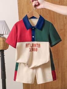 SHEIN 2pcs/Set Young Boy 4-Color Contrasting Polo Collar Short Sleeve T-Shirt & Shorts Set - Multicolor - View 3