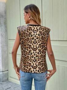 SHEIN LUNE Vintage Leopard Print Sequined Oversized Loose Round Neck T-Shirt For Women, Elegant For Casual, Holiday - Multicolor - View 2