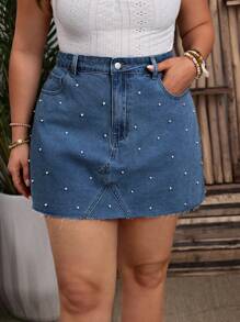 Breezaya Denim Mini Skirt, Minimalist Fashion Casual Everyday Wear With Faux Pearl Decor - Dusty Blue - View 1