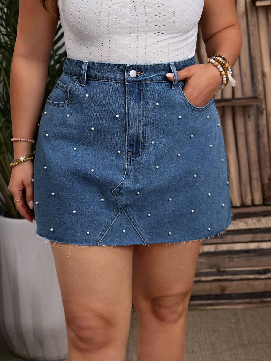 Breezaya Denim Mini Skirt, Minimalist Fashion Casual Everyday Wear With Faux Pearl Decor - Dusty Blue - View 1