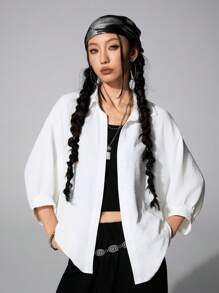 SHEIN Tween Girls Spring White/Black Blouses&Vest& Wide Leg Sweatpants Sets,3pcs