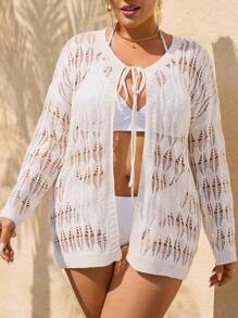 Swim Lushoire Kimono de manga larga con cordones, de unicolor, de estilo versátil para playa y vacaciones, con diseño hueco, para mujer de tallas grandes - Albaricoque - Ver 3