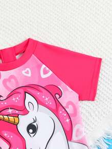 SHEIN Young Girls Cute Gradient Heart Unicorn Print Short Sleeve One-Piece Swimsuit,Suitable For Summer Beach Vacation, Swimming Pool, Surfing, Holiday - Multicolor - View 3