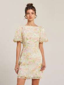 Aveloria Rosie Colorful Tie Dye Jacquard Special Fabric Vintage Romantic Elegant Wedding Season Puff Sleeve Floral Bodycon Mini Dress For Women All Over Print For Summer