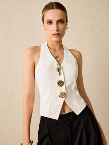 Poéselle 女士金属装饰露背吊带上衣，优雅通勤，复古风女士，春假装，夏季上衣，外出上衣 - 白色 - 查看 5