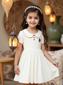 Ramadan Girls' Cute Sweet Strawberry Decor Collared Short Sleeve Waisted Comfort Dress, Fashionable Summer - Apricot - View 1