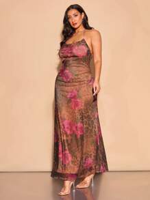 SHEIN BAE Plus Size Elegant Floral Maxi Dress: Sheer Mesh Brown And Pink Rose Print With Spaghetti Straps - Brown - View 6