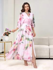 Modelyn Vestido lujoso con estampado floral de gasa fluida, parches y cinturón de cintura, que estiliza y rejuvenece, elegante