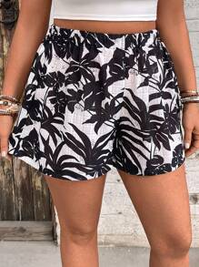 SHEIN VCAY Plus Size Women Floral Print Elastic Waist Casual Shorts, Suitable For Vacation
