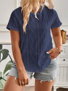 INAWLY Plus Size Round Neck Raglan Shirt With Rhombus Pattern Jacquard Fabric Back Button Closure T-Shirt