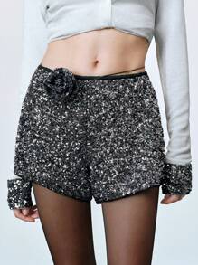 SHEIN LUNE Women's Fashionable High-Waisted Sequin Floral Tie-Front 3D Flower Shorts,Party,Sexy Cute Shorts,Summer For Women,Holiday,Shorts For Women - Grey - View 1