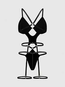 ROMWE Grunge Punk 暗黑朋克 PU 材质钢圈性感内衣套装