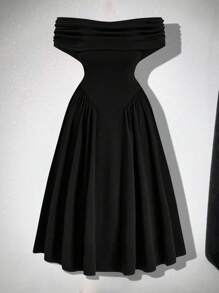 SHEIN Belle 大码露肩优雅小黑中长连衣裙，女士婚礼宾客礼服 - 黑色 - 查看 3