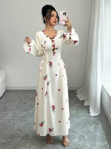 Yasmyna 女式编织花卉印花荷叶边系腰A字阿拉伯风格连衣裙，端庄 - 杏色 - 查看 4