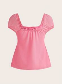 SHEIN MOD Sommerliches quadratisches Ausschnitt-T-Shirt mit Knoten-Vorderseite, Rüsche, rosa Schleife und Seil