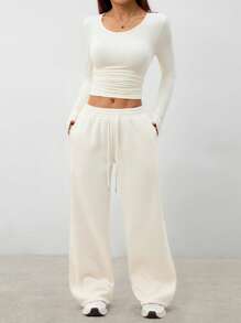 SHEIN PETITE Women's Solid Color Round Neck Long Sleeve Simple Top And Pants Casual 2 Pieces Set - Apricot - View 6