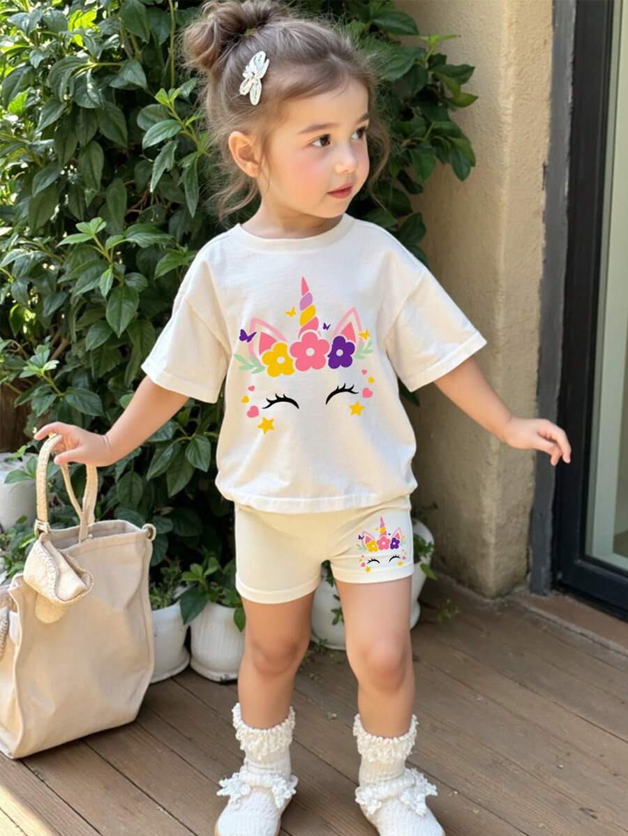 SHEIN 2pcs/Set Young Girl Cute Flower & Unicorn Minimalist Casual Loose Short Sleeve T-Shirt And Shorts Suit, Suitable For Summer - White - View 1