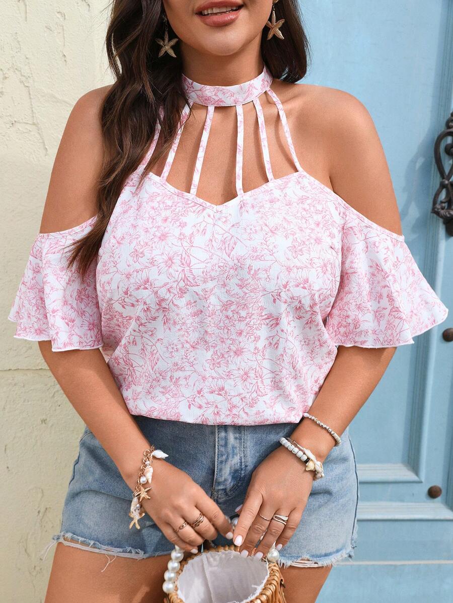 SHEIN VCAY Plus Size Halterneck Short Sleeve Ditsy Floral Chiffon Blouse,Brunch Outfits For Women Off The Shoulder Top Cute Summer Tops Sexy