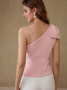 MOTF PREMIUM BLUSA CON DECORACIÓN DE MOÑO DE UN SOLO HOMBRO - Rosa Pálido - Ver 3