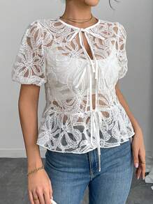 SHEIN ChicEase Textured Bowknot Decor Women's Elegant Blouse - White - View 5