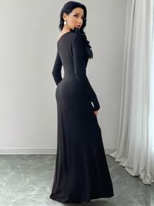 Modelyn Vestido de manga larga elegante de unicolor con aplicación floral y cuello asimétrico para mujer - Negro - Ver 3