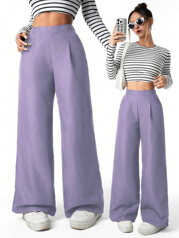 SHEIN Pantalones largos negros de talle alto y sueltos con plisados, informales, versátiles para primavera, verano, otoño e invierno para adolescentes