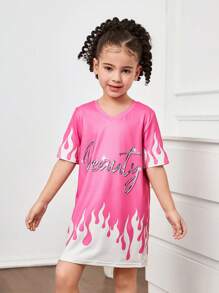 Young Girl Fitted Knit Dress With Letter Pattern, Round Neck - Red - View 5