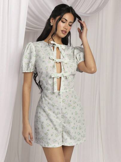 COSMINA 女士碎花蝴蝶结装饰镂空短款泡泡袖连体裤，春季服装