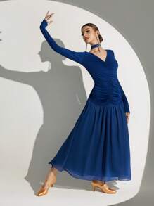 Dansine Ballroom Dance Dresses Extra Voluminous Skirt With Long Sleeve Crinkle Women's Dance Dress