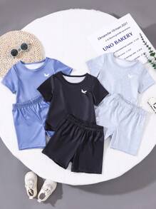 6pcs/Pack Newborn Baby Boy/Girl Black, Blue, Gray Short Sleeve Shorts Set, Comfortable All Occasions Summer Outfit, Great Value Multi-Piece Set - Multicolor - View 3