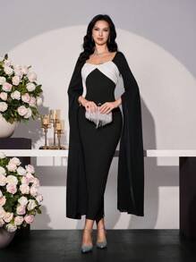 Modelyn Vestido feminino elegante preto e branco manga longa estilo sereia bodycon - Preto e Branco - Ver 4