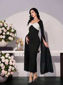 Modelyn Vestido feminino elegante preto e branco manga longa estilo sereia bodycon - Preto e Branco - Ver 5