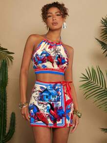 Travachic 2pcs/Set Vacation Parrot & Botanical Print Halter Crop Top And Mini Skirt Shorts - Red - View 3