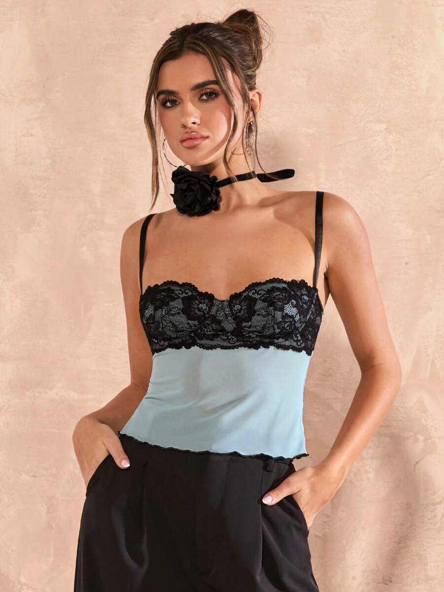 SHEIN BAE 女士对比色蕾丝吊带背心 - 棕色 - 查看 1