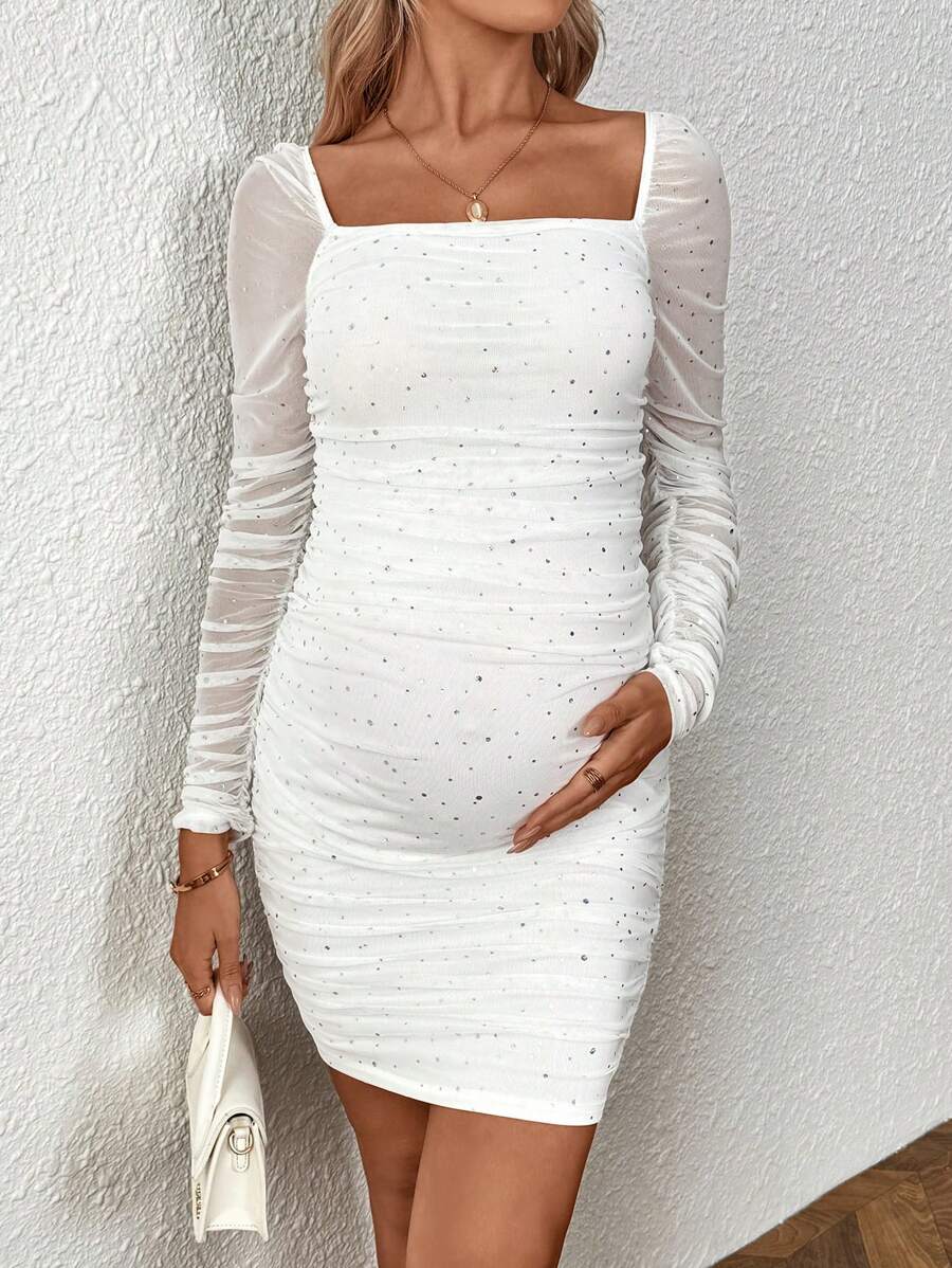 MaterniWear Maternity Elegant Square Neck Ruched Sequin Mesh Party Bodycon Dress, Christmas - White - View 1