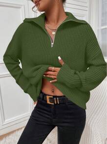 SHEIN LUNE Casual Solid Color Drop Shoulder Loose Sweater, Autumn/Winter Knit Pullover Fall Sweater - Army Green - View 1