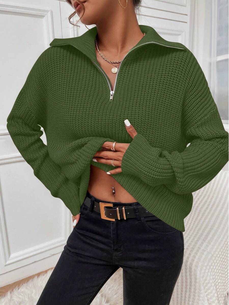 SHEIN LUNE Casual Solid Color Drop Shoulder Loose Sweater, Autumn/Winter Knit Pullover Fall Sweater - Army Green - View 1