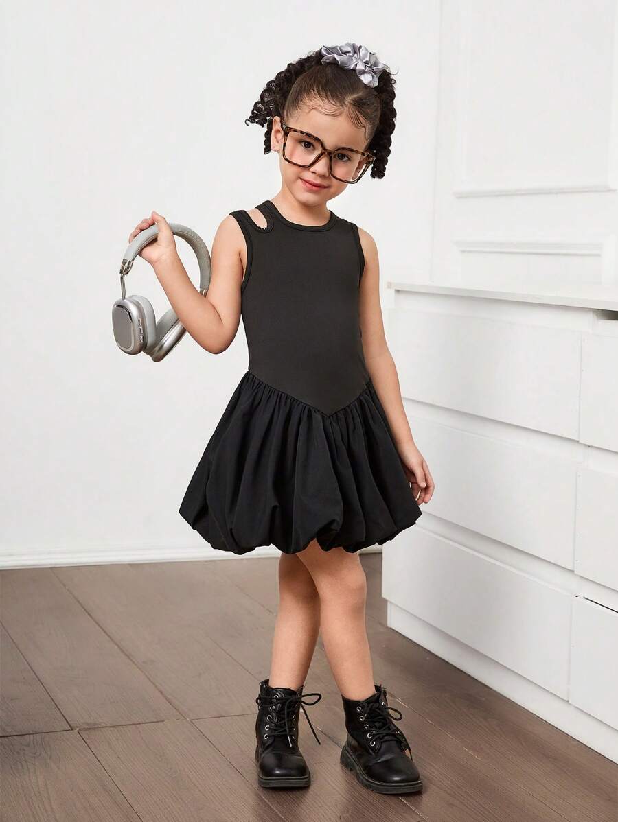 Young Girl Solid Color Knitted Round Neck Hollow-Out Woven Skirt Hem Fitted Dress - Black - View 1