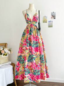 Soleia Váy Maxi hở lưng họa tiết lá cọ hoa nhiệt đới dành cho nữ, phong cách nghỉ dưỡng - Nhiều màu - Xem 1