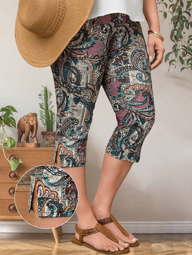 Plus Size Women's Retro Resort Pellis Pattern Printed Cropped Casual Skinny Leggings,Spring Outfits For Women Summer Outfits For Women Spring Break Outfits,Flower/Vacation