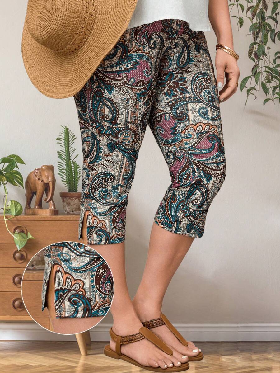 EMERY ROSE Quần legging bó in họa tiết retro resort Pellis cỡ lớn cho nữ, trang phục mùa xuân cho phụ nữ trang phục mùa hè cho phụ nữ trang phục nghỉ xuân - Nhiều màu - Xem 1